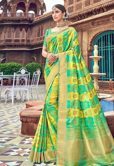 Green banarasi silk saree with blouse 3014