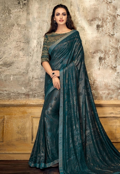 Teal lycra saree with blouse 11208