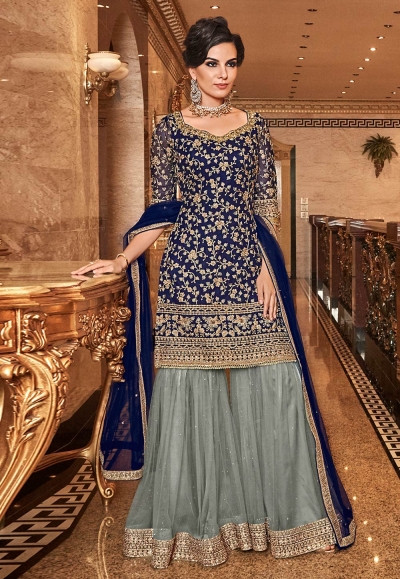 Navy blue net embroidered Wedding wear sharara suit