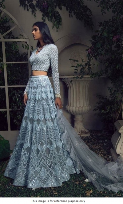 Bollywood model powder blue net embroidered wedding lehenga choli