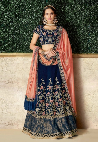 Navy blue velvet embroidered designer lehenga choli 16213