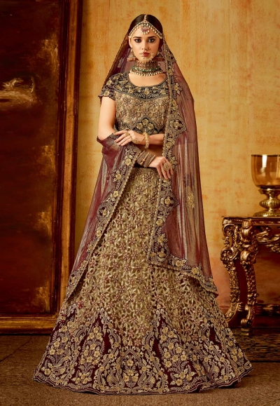 Beige velvet bridal lehenga choli N228