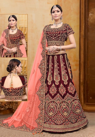 Maroon velvet bridal lehenga choli N221A