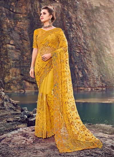 Yellow net diamond heavy work wedding Saree