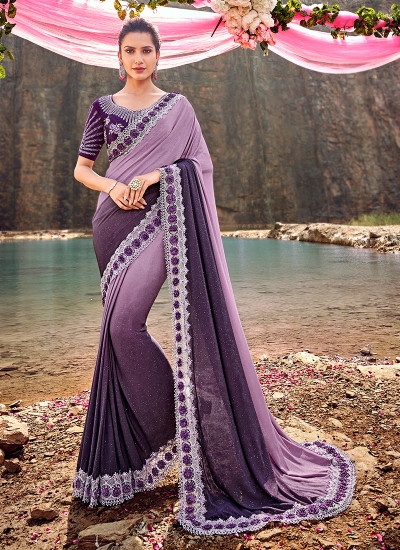 Purple Korean fabric moti work heavy wedding saree