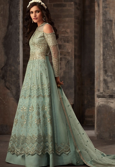 blue net embroidered designer anarkali suit 33007