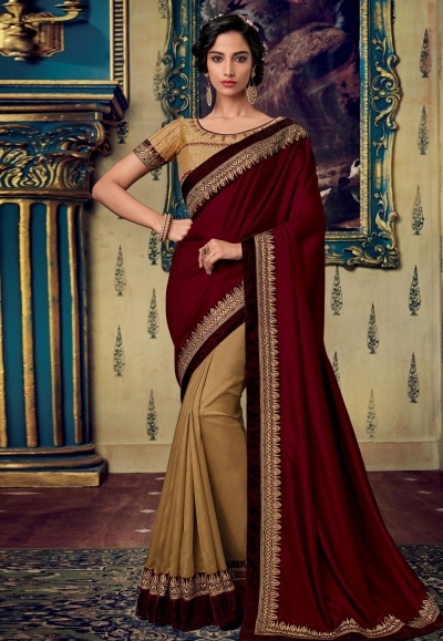 Maroon art silk embroidered half and half saree 88336