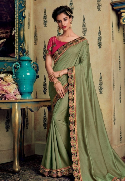 Light green art silk embroidered party wear saree 88347