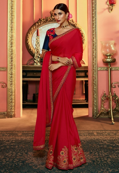 Red silk party wear saree 111