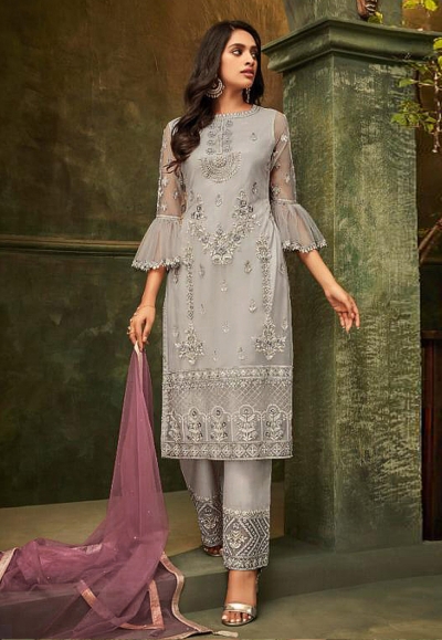 Gray net embroidered kameez with pant 4949