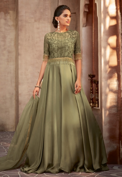 Green silk embroidered abaya style anarkali suit 75004