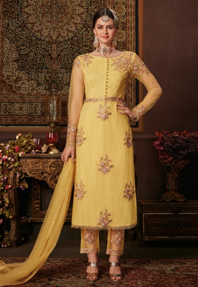 Yellow net pant style suit 8207