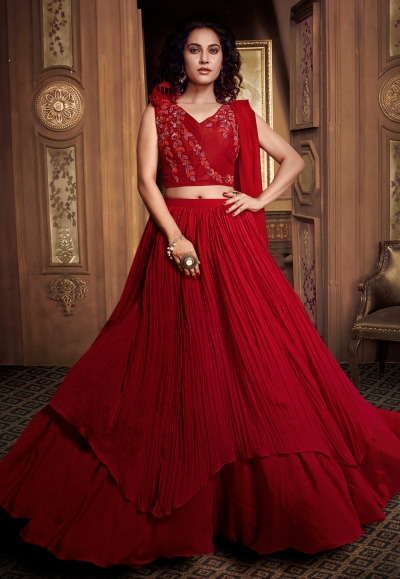 Red satin double layered designer lehenga choli 062