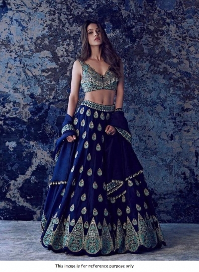 Bollywood model blue tafeta silk mirror lehenga choli