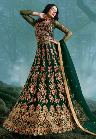 Green net embroidered abaya style anarkali suit 10040