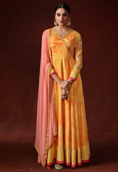 Yellow silk abaya style anarkali suit 11052