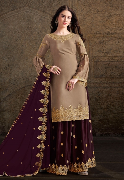 Light brown satin embroidered palazzo suit 30033