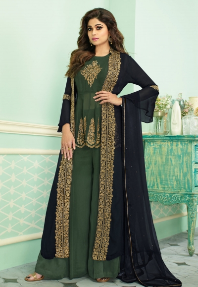 Shamita shetty green georgette embroidered palazzo suit with jacket 7137