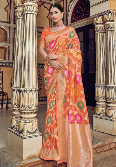 Orange silk saree with blouse 3306