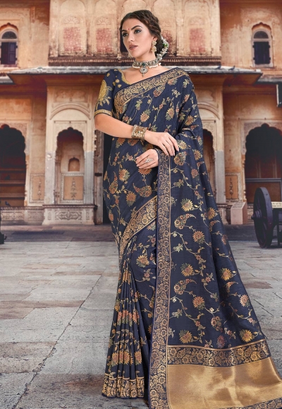 Navy blue silk saree with blouse 3505