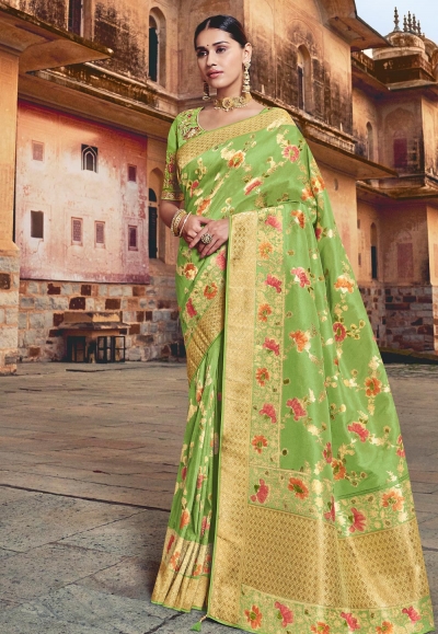 Green silk saree with blouse 3509