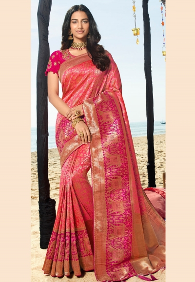 Pink silk saree with blouse 90958