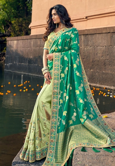 Green silk embroidered half and half saree 3808