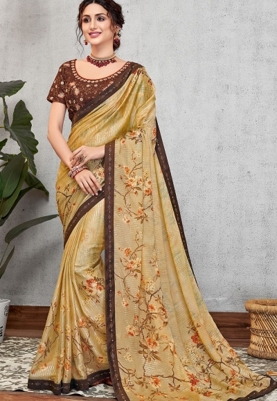 yellow silk georgette printed embroidered saree 11414