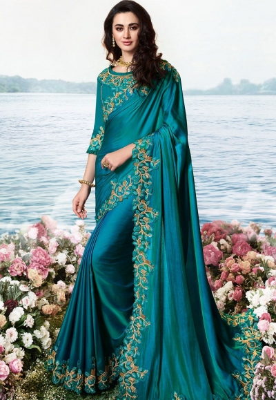 blue satin silk heavy embroidered saree 6202