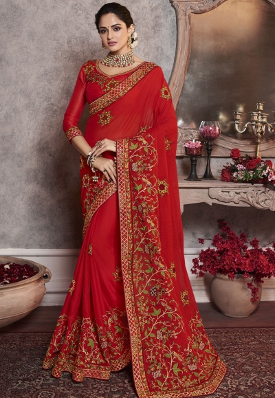 red art silk embroidered party wear saree 2161