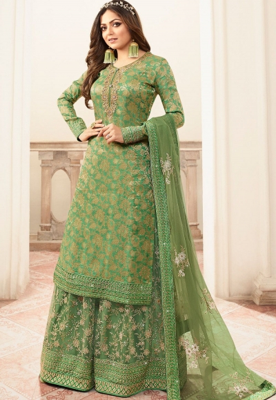 drashti dhami green jacquard embroidered sharara suit 5407