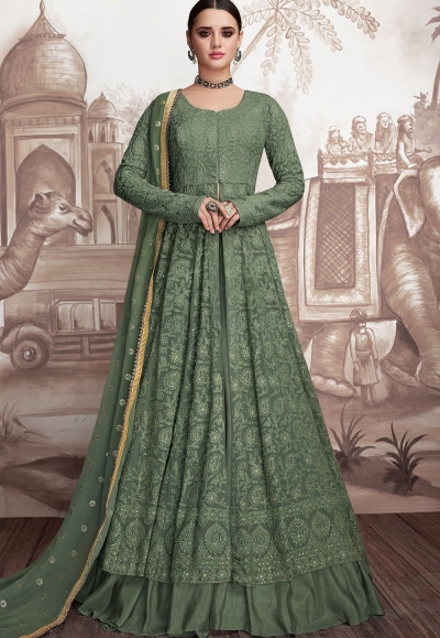 green shade georgette net embroidered anarkali suit 2003
