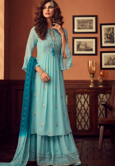 blue georgette embroidered palazzo suit 34001