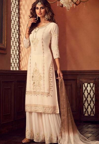 cream georgette embroidered palazzo suit 34002