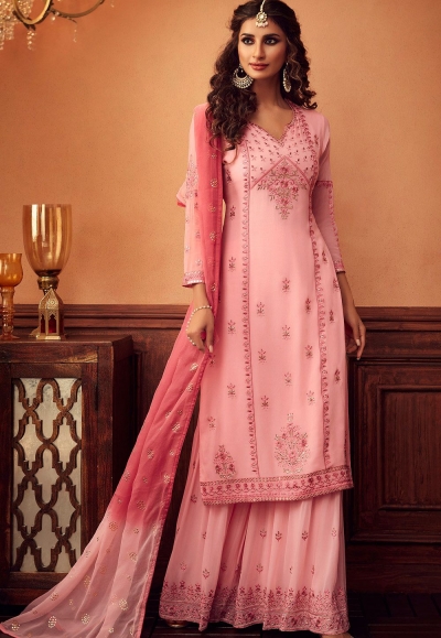 pink georgette embroidered palazzo suit 34003
