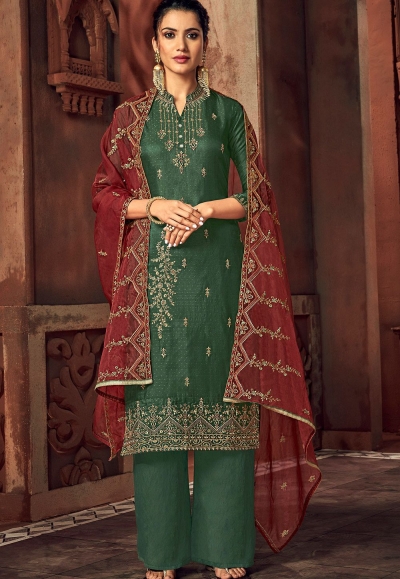 green art silk embroidered straight palazzo suit 3101