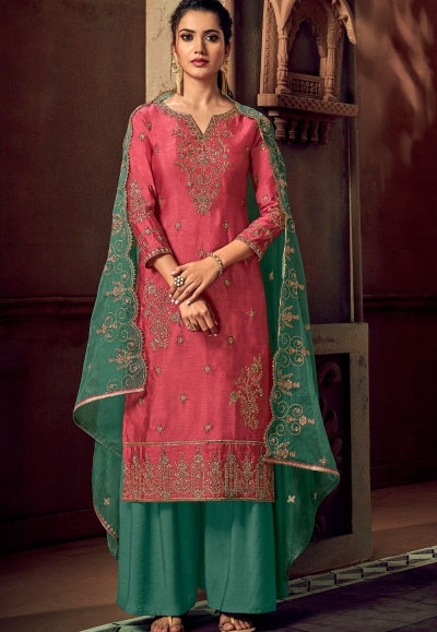 pink art silk embroidered straight palazzo suit 3106