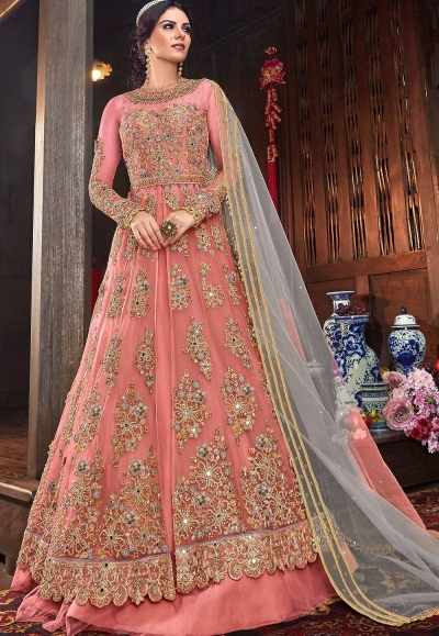 pink net embroidered lehenga style anarkali suit 6103a