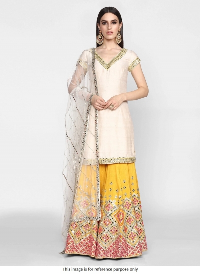 Bollywood model white and yellow silk palazzo set