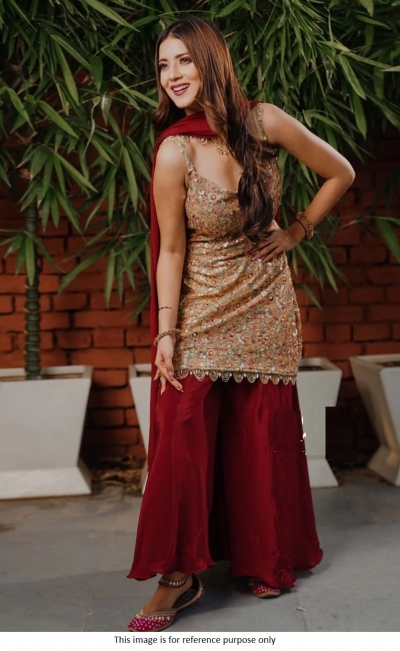 Bollywood model Uppada silk maroon and gold palazzo set