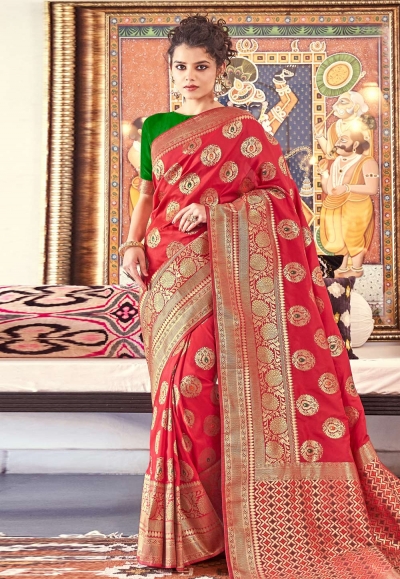 Red banarasi silk saree with blouse 203