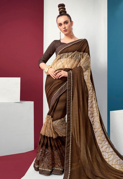 Brown lycra saree with blouse 94601