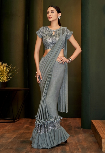 Grey lycra frilled party wear saree 5806