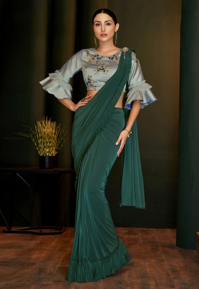 Green lycra frilled party wear saree 5807