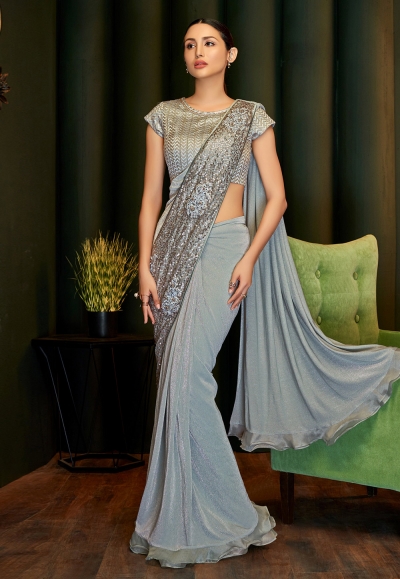 Grey lycra saree with blouse 5809