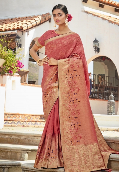Pink cotton jacquard festival wear saree 95786
