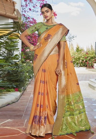 Orange cotton jacquard saree with blouse 95783
