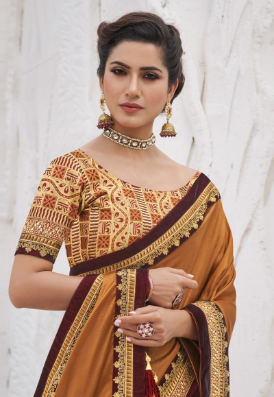 Mustard Printed Satin Saree With Unstitched Blouse Piece