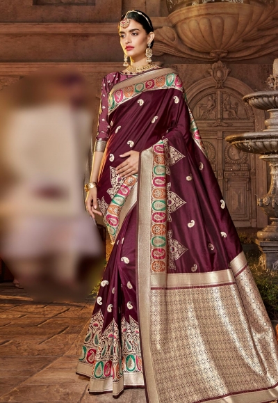 Wine banarasi silk saree with blouse 96658