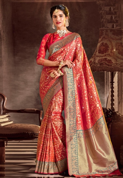 Pink banarasi silk saree with blouse 96654